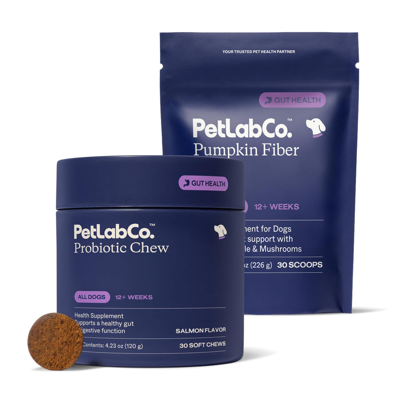 PetLab Co. – Gut & Digest Daily Duo: Pumpkin Powder Blend for Easy Digestion & Firm Stools for Small/Medium/Large Dogs & Salmon‑Flavoured Probiotic Chews to Support Gut & Immune Balance – Easy to Use