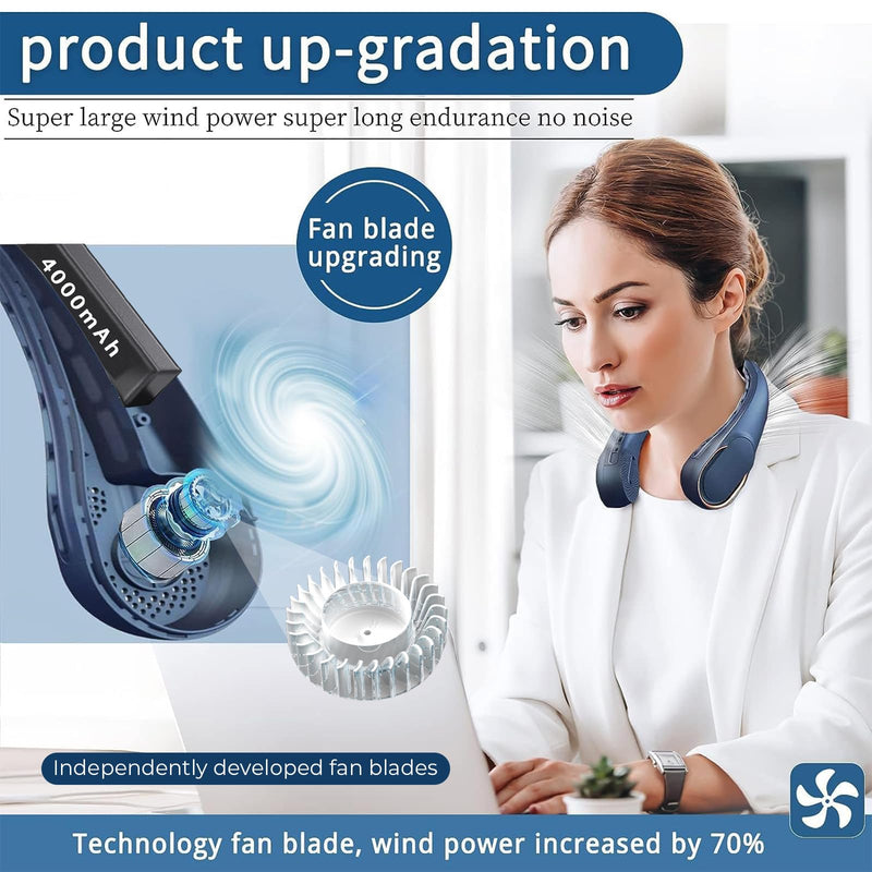 Neck Fan, USB Rechargeable Personal Fan, 4000 mAh Battery Operated, 3 Speeds Adjustable, Faster Cooling, Ultra Quiet, Suitable for Home, Office, Travel, Sports Blue