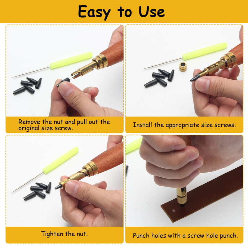 Japanese Screw Punch, Boyistar Wood Handle Belt Hole Puncher, Adjustable Leather Hole Punch Tool (Brown) Brown