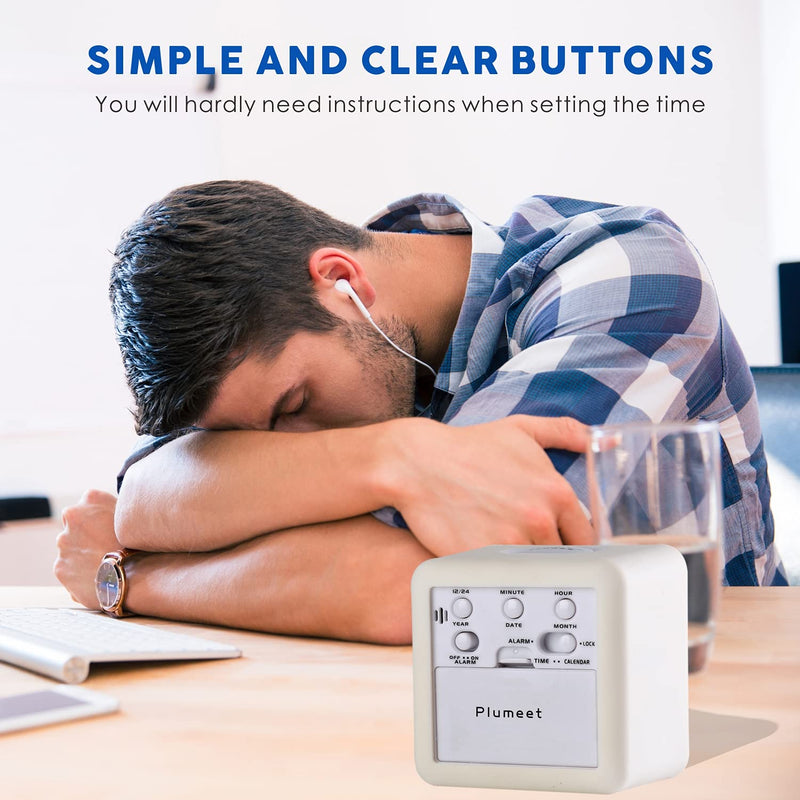 Plumeet Easy to Set Digital Travel Alarm Clock, Snooze Function, Soft Night Light, Large Screen time and Month and Date Display and Alarm, Progressive Sound Alarm and Handy Size (White) White