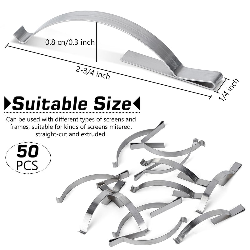 50 Pcs Window Screen Tension Spring, Durable Corner Mount Flat Window Spring Stainless Steel Window Screen Clips, Holding Screen Sliding in Aluminum Channel Safely and Securely, ¼” Wide 2-3/4” Long
