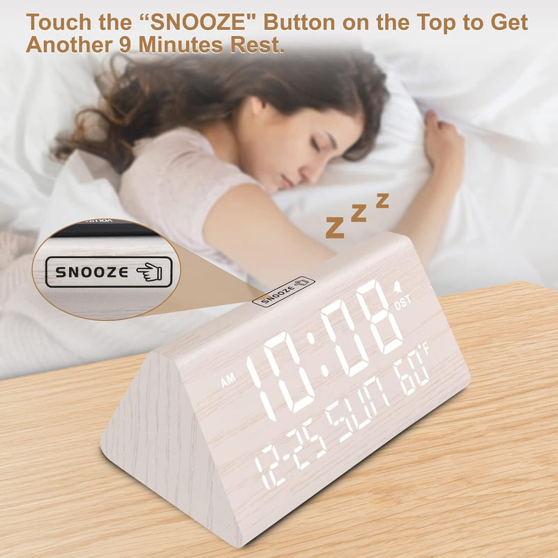 JALL Digital Alarm Clock, with Wooden Electronic LED Time Display, 3 Alarm Settings, Weekday/Weekend Mode, Temperature Detect, Wood Made Electric Clocks for Office, Bedroom, Bedside White-date