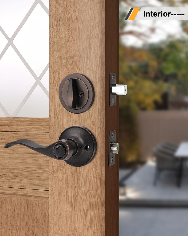 Gobrico Front/Exterior Door Lever Lockset with Single Cylinder Deadbolt, 1 Pack Keyed Alike Oil Rubbed Bronze Combination Handle Set, Entry Door Lockset with Deadbolt