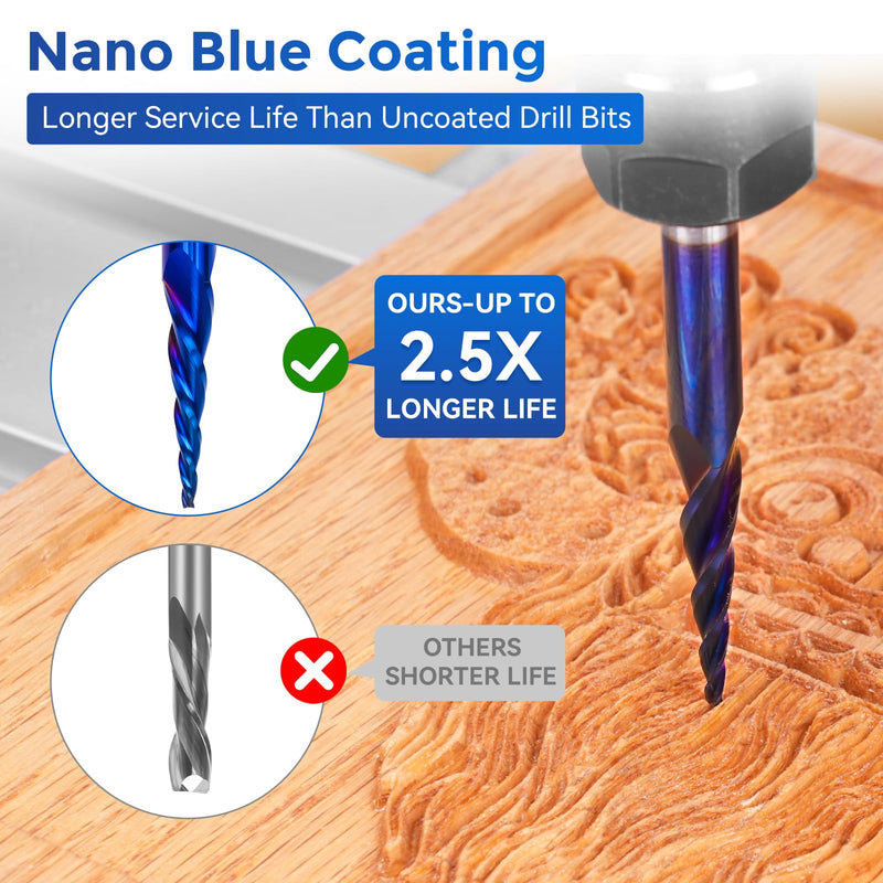 LUNYEE 4PCS Ball Nose Set Spiral Router Bits 1/4" Shank, 1/4" 1/8" 1/16" 1/32" Cutting Diameter, 3" Over Length End Mill Spiral Router Bit with NACO-Blue Coating for 2D&3D Carving Engraving