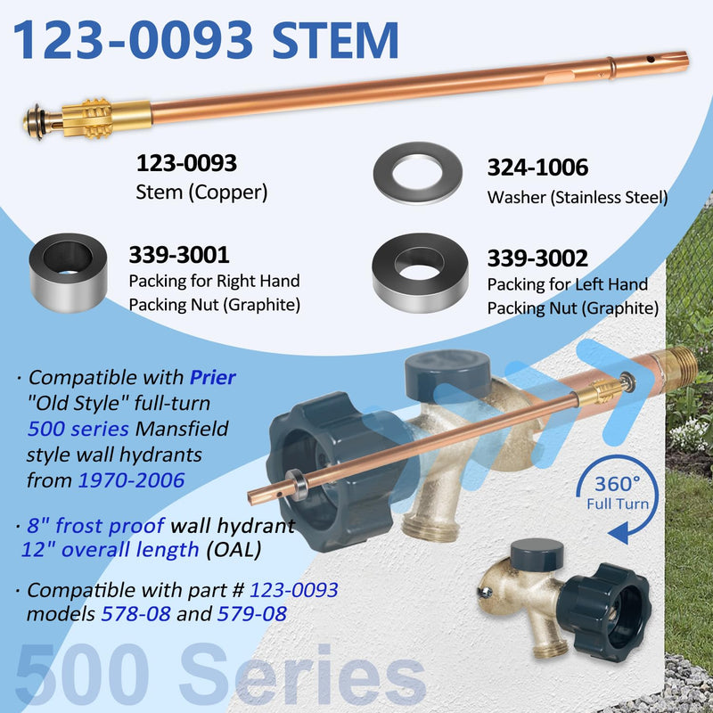 123-0093 Stem Assembly Replacement fit for Prier 500 Series Mansfield Style Wall Hydrants, 12-inch Overall Length, 8-inch Sillcock ASFP 12” OAL