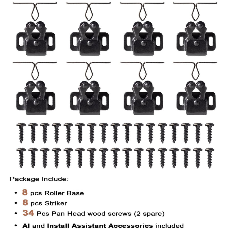 8 PCS Cabinet Latch Double Roller Catch Hardware for Cupboard Closet Cabinet Door Latches and Catches, Black Nickel BlackNickel 8ps