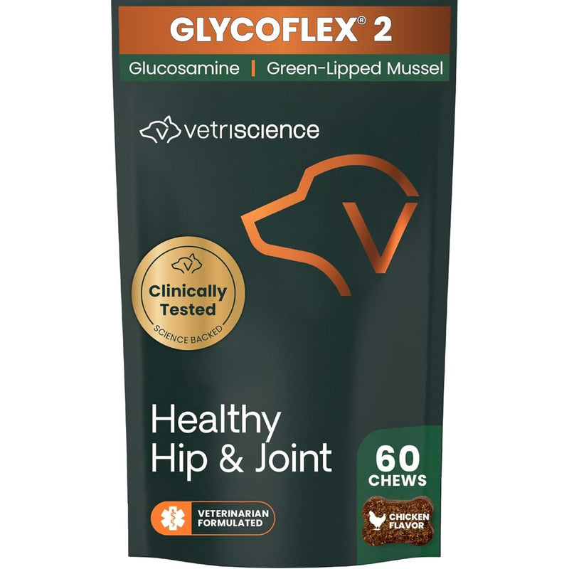 VetriScience Healthy Hip & Joint Chews, GlycoFlex Glucosamine and Green-Lipped Mussel Mobility Support Supplement for Dogs, Promote Play and Protect Joints, Chicken, 60 Count