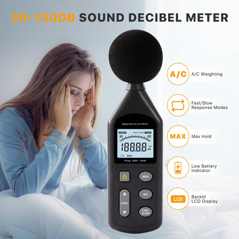 DB-01 Decibel Meter, Professional Sound Decibel Meter with A/C Weighting, Fast/Slow Response, 30-130dB Range,for Home, Office, Factory, Noisy Neighbors