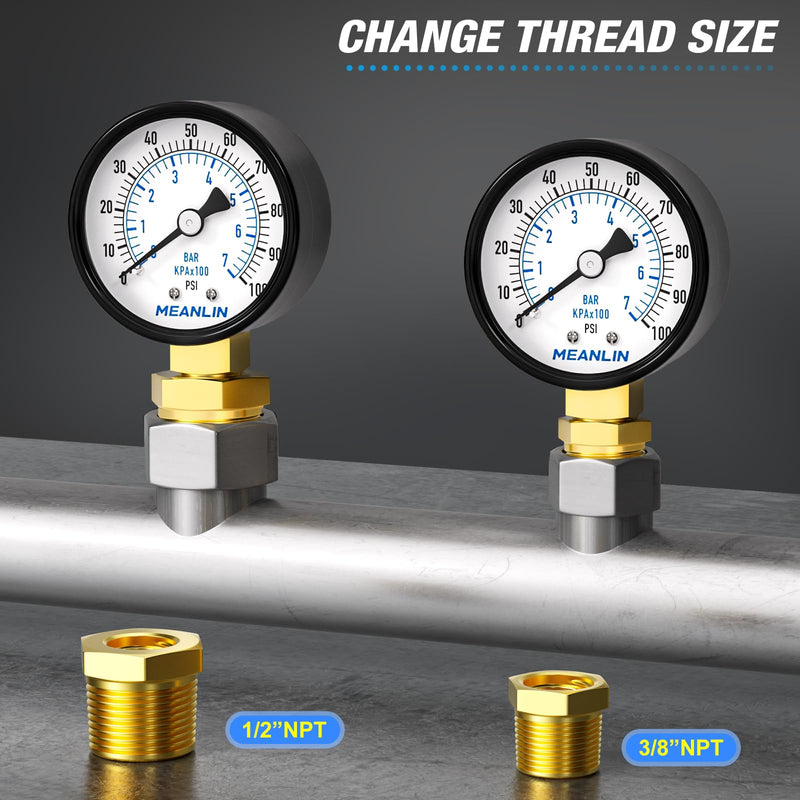 MEANLIN MEASURE 0-100Psi 2" DIAL FACE 1/4" NPT Well Pump Pressure Gauge, with 1/2" NPT and 3/8" NPT Hex Bushing, 3-2-3% Accuracy, Lower Mount (Pack of 2) 0-100Psi/2PCS 1/4"NPT Lower Mount