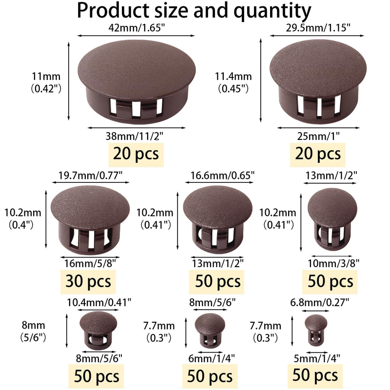 320Pcs 8 Sizes Brown Plugs Hole Plastic Hole Plugs Hole Round Plugs, Plastic Hole Cover Snap in Locking Hole Plugs for Kitchen Cabinet Furniture (3/16“, 1/4“,5/16“, 3/8“,1/2“, 5/8“, 1“, 11/2“)