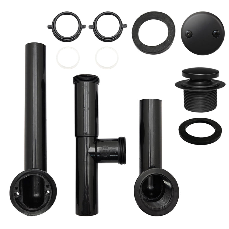 Westbrass 593144-62 14" Black Tubular Bathtub Waste & Overflow Assembly with with Tip-Toe Drain Plug and 2-Hole Faceplate, Matte Black 1-Pack
