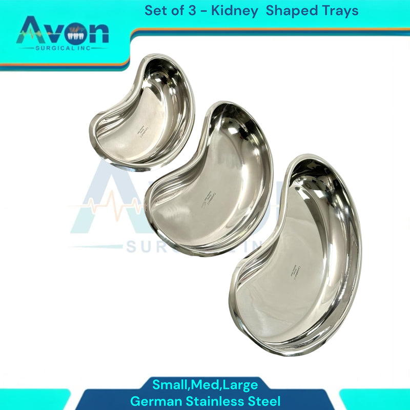Set of 3 - Kidney Trays Small, Medium, Large - Kidney Shaped Emesis Basin, Dental Lab Instrument Trays, Reusable Metal Kidney Dish, for Soiled Dressings, Instruments, Supplies