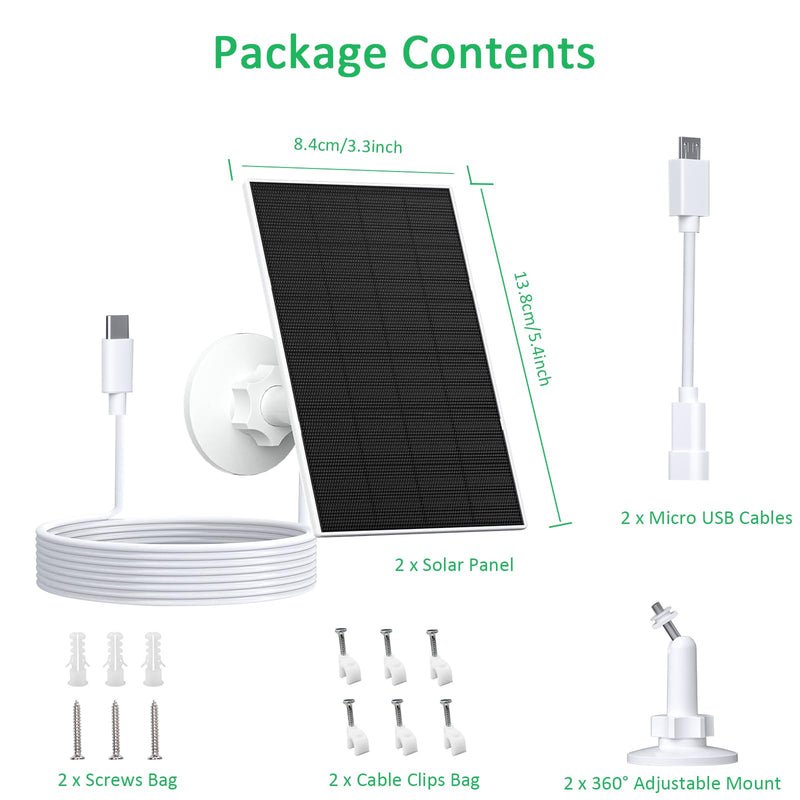 FUTUREZEN 2W Solar Panel for Security Camera Outdoor, 5V USB/Type-C Solar Charger Compatible with Rechargeable Battery Cameras, IP65 Waterproof, 360° Adjustable Mount, 7.2ft Cable (2 Pack, White) 2W-2 Pack-White