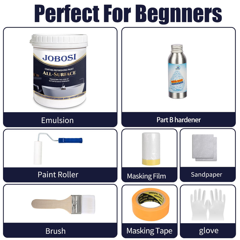Waterbased Tile Paint and Tile Refinishing Kit 16.0 Fl Oz (white)，Bathtub Bathroom wall, Easy of Usecountertop sink Paint Resurfacing Sink Tub waterproof Kitchen Countertop, Low Odor No Toxic 16 Ounce (Pack of 1) White