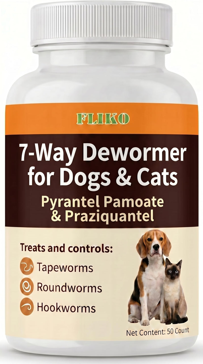 FLIKO 7 Way Dewormer Flavored Chewables for Dogs & Cats, Pyrantel Pamoate & Praziquantel, Safe for 4 Weeks and Older, 50 Count