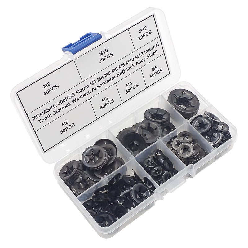 300PCS Metric M3 M4 M5 M6 M8 M10 M12 Internal Tooth Starlock Washers Assortment Kit;External Push Rings; Push On Washers;Push Nuts for Unthreaded Shafts