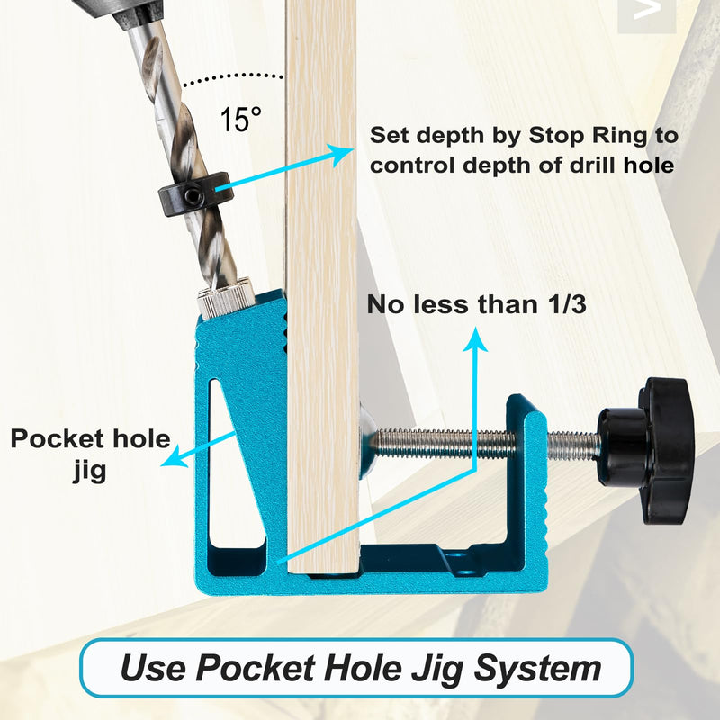 Pocket Hole Jig Kit with 3 Drill Hole Guide Pocket Drill Hole System with 15 Degree Joint Angle Tool Portable Pocket Joinery Screw Kit DIY Woodworking Carpentry Locator Blue