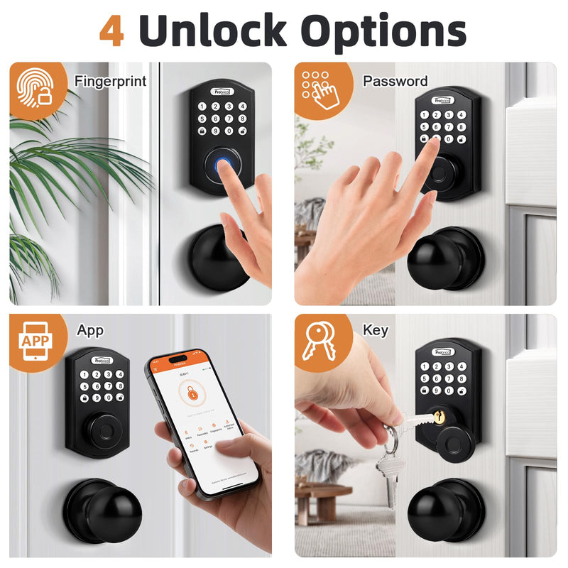 Probrico Smart Fingerprint Deadbolt with Door Knob for Front Door, Keyless Entry Door Lock Deadbolt, Door Knob with Smart Deadbolt Lock, Flat Black