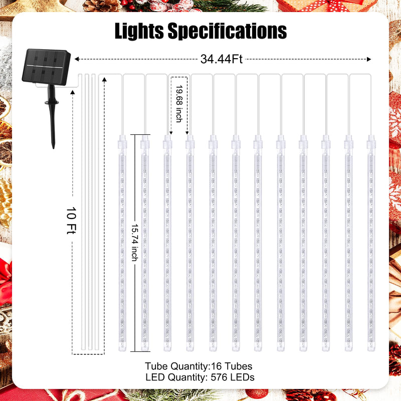 Brightown Solar Meteor Shower Lights Outdoor - 576 LED Rain Drop Lights with 16 Tubes, 16 Inches - Solar Powered Christmas Decorations for Tree Bushes Holiday Party Christmas Decor, Warm White 16Inch 16Tube 576LED