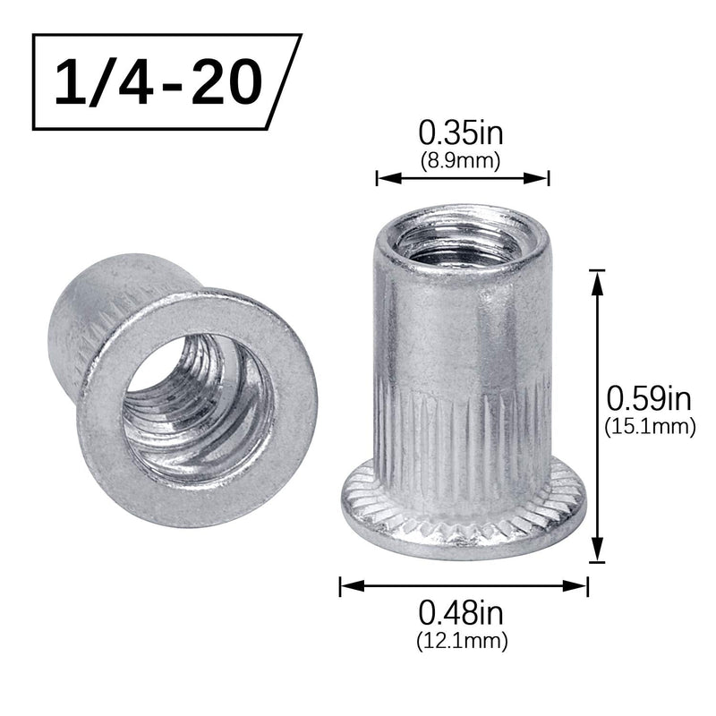 50 Pcs 1/4-20 Aluminum Flange Rivet Nut, UNC Flat Head Threaded Insert Nut Silver -50pcs