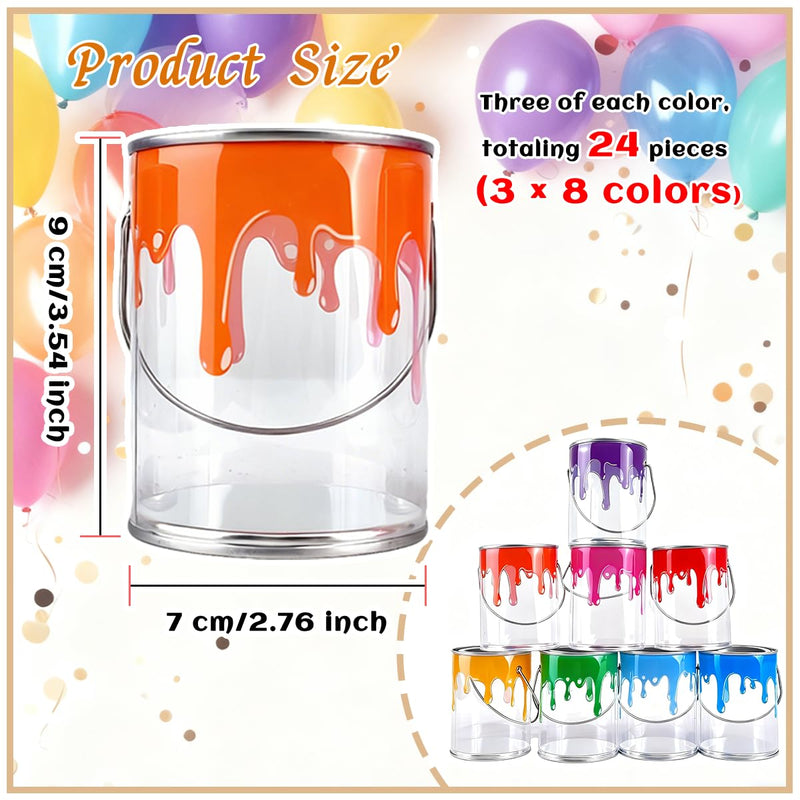 24 Pcs Plastic Empty Paint Cans Buckets with Metal Lids,PVC Mini Paint Bucket Craft DIY Candy Decoration for Parties,Candy,Picnics and Decorations（2.75" L x 2.75" W x 3.54" H）