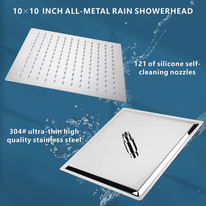 Voolan 10" Square Rain Shower Head with 14" Extension Arm, Adjustable Angle and Height, Stainless Steel Bathroom High Pressure Rainfall showerhead, 2.5GPM Chrome