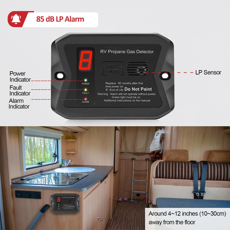 RV Propane Gas Detector, Digital Propane/LP Gas Alarm-12V DC for Motorhome Travel Trailer, Motor Coach, Truck Camper, (R501 Black)