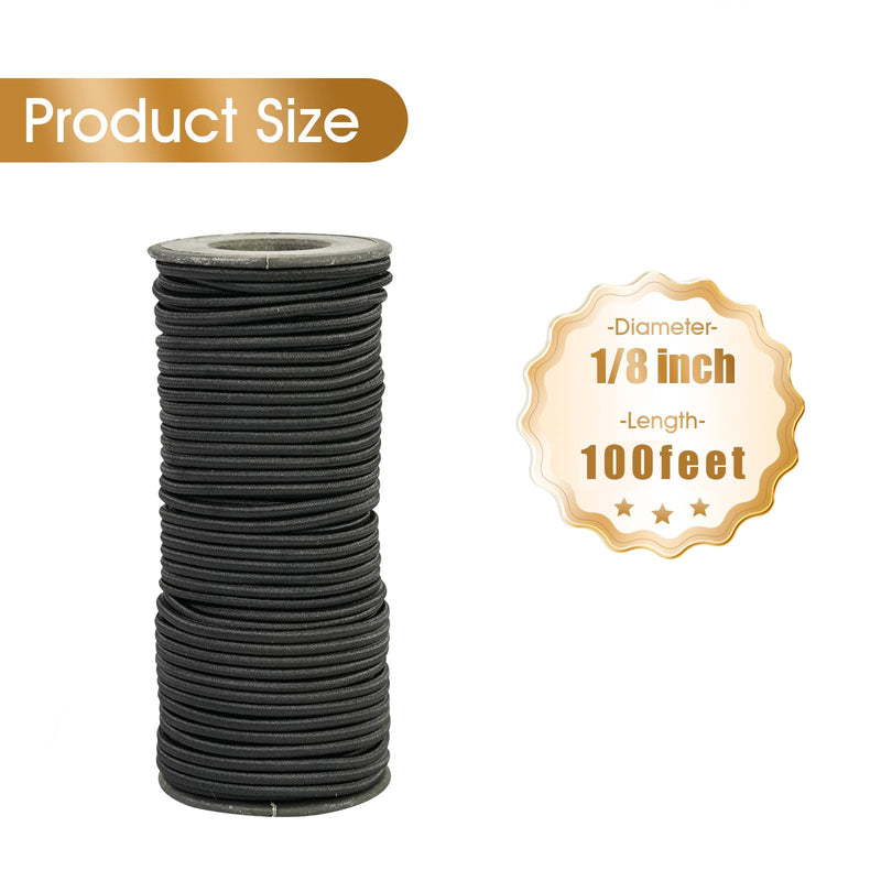 1/8 Inch Black Bungee Cord Roll, 100 Feet Heavy Duty Elastic Shock Cord Nylon Stretch String Kayak Bungee Rope for Luggage, Camping, Kayak, Tent Pole, Tie Downs (Black, 1/8 inch x 100 ft)