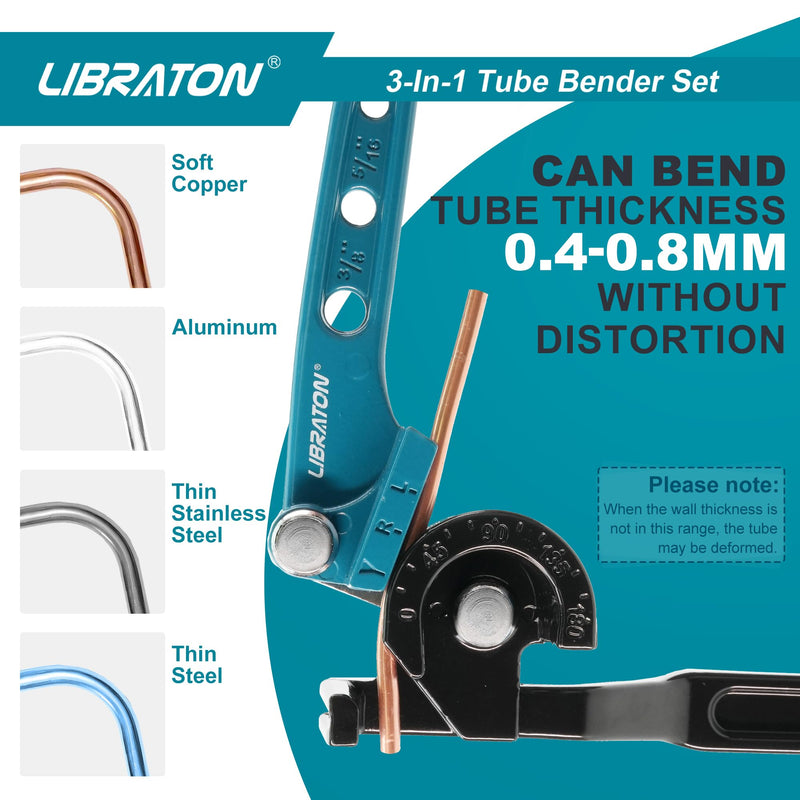 LIBRATON Tube Bender, Copper Tubing Bender 180 Degrees, 3-in-1 Manual Tubing Bending Tool 1/4", 5/16", 3/8", Copper Tube Bender Set with Mini Tube Cutter & Deburring Tool, for Aluminum Brass Pipes