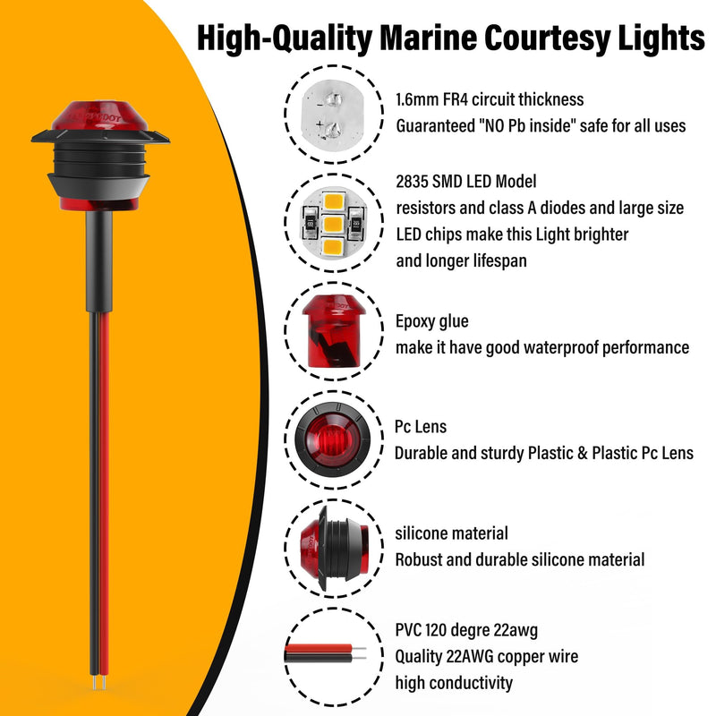 ALFU 10PCS Red 3/4" 12V LED Boat Interior Lights Marine Navigation Lights Clearance Marker Lights Round Bullet Side Indicator Lamps for Truck, Trailer, RV, Van, Boat, Bus, Caravan Red 10PCS