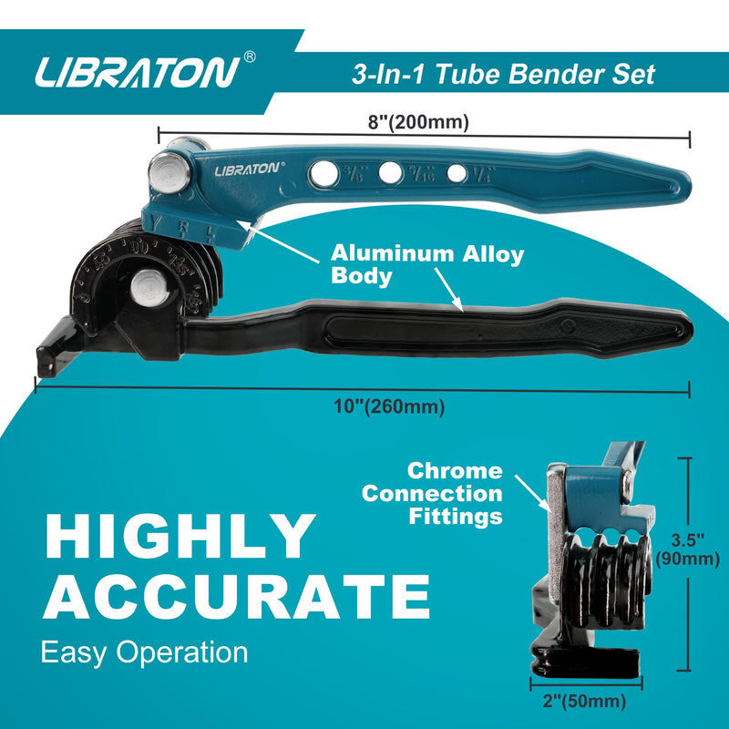 LIBRATON Tube Bender, Copper Tubing Bender 180 Degrees, 3-in-1 Manual Tubing Bending Tool 1/4", 5/16", 3/8", Copper Tube Bender Set with Mini Tube Cutter & Deburring Tool, for Aluminum Brass Pipes