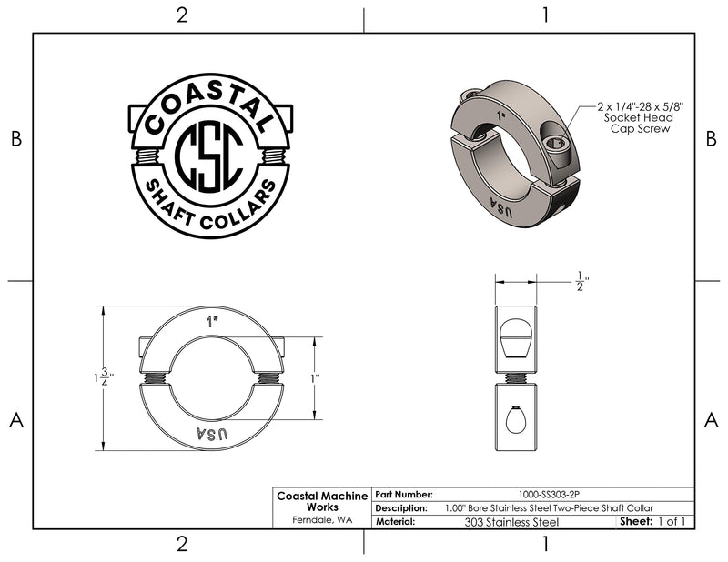 1.00" Bore Diameter - Clamping Two Piece Shaft Collar - 303 Stainless Steel (1 Pack) 1.00" Bore