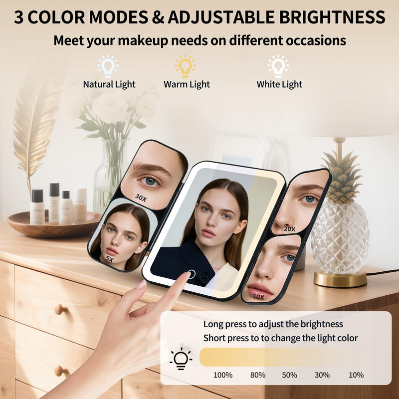 Tri-fold Vanity Mirror with Light,Rechargeable Travel Makeup Mirror with 5X/10X/20X/30X Magnifying Mirror,Touch Screen Dimming Light Up Vanity Mirrors for Travel Home,Black Black