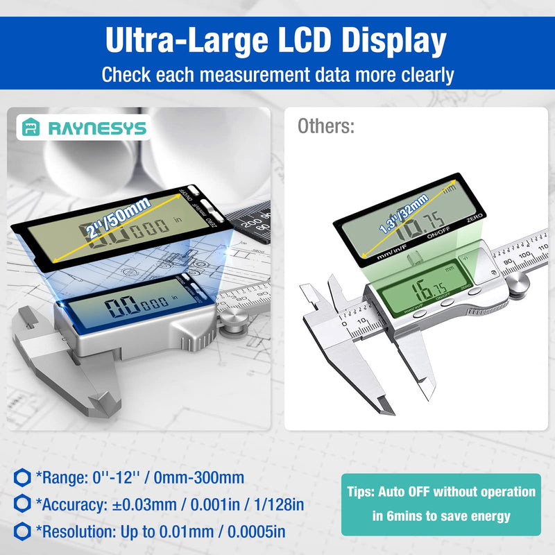 Digital Caliper 12 Inch with Large LCD Screen, Inch/MM/Fraction Conversion, 300mm Micrometer Caliper All Stainless Steel Diameter Measuring Tool for Jewelers/Woodworkers/DIY 12inch