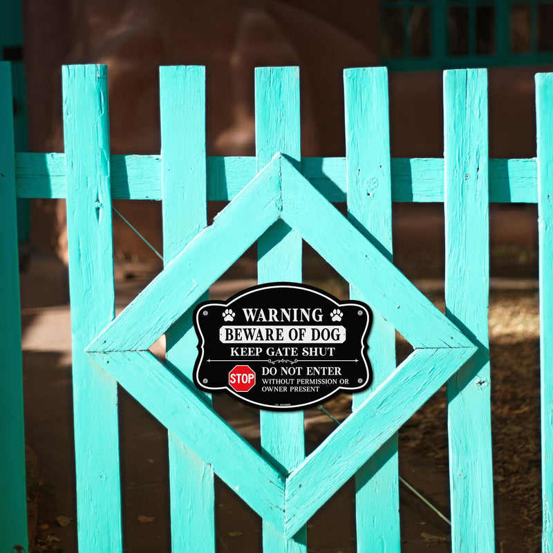 T&R Beware of Dog Sign Keep Gate Shut Do Not Enter Sign - 2 Pack - 9.5 x 6.8 Inches Rust Free .040 Aluminum Reflective - UV Protected, Waterproof, Weatherproof and Fade Resistant - 4 Pre-drilled Holes 9.5" x 6.8" - 2 Pack - Beware of Dog Do Not Enter