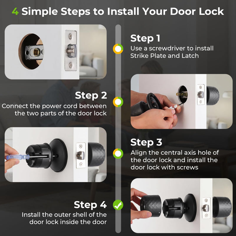 Smart Fingerprint Password Door Lock, Biometric Keyboard Door Knob Support 15M App Control & Auto Lock, 4-in-1 Rechargeable Door Lock with 2Keys for Home Office Apartment (Diameter 2.28"), Black
