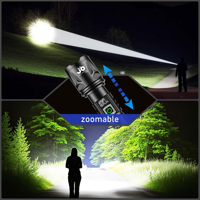 JAY-PARK High Lumen Flashlight - 100000 Lumens, Rechargeable 5000mAh with LCD Display, Zoomable Long Beam (3000m), IP67 Waterproof, 5 Modes & Belt Clip - for Camping, Dog Walking Black