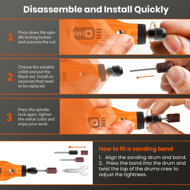 HARDELL Mini Cordless Rotary Tool, 5-Speed 129pcs Gift Kit for DIY Crafts Orange Pro