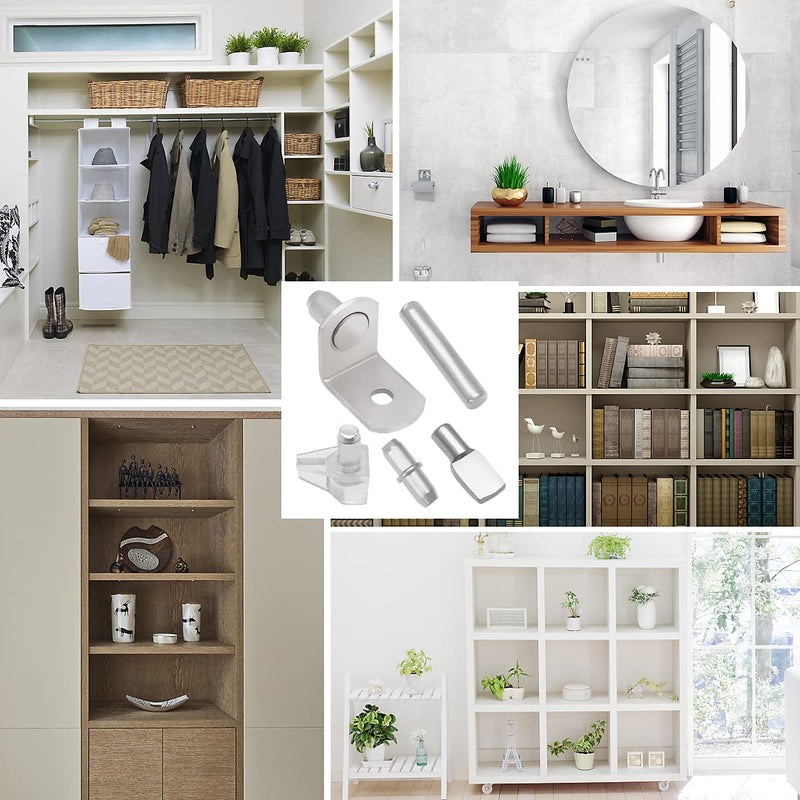 112 Pcs 5 Styles Shelf Nail kit, Metal Nickel Plated Shelf Support pin, Silicone Cover, Suitable for Kitchen Cabinet, Bookcase Support pin and pin 112 PCS Mixed (silver)