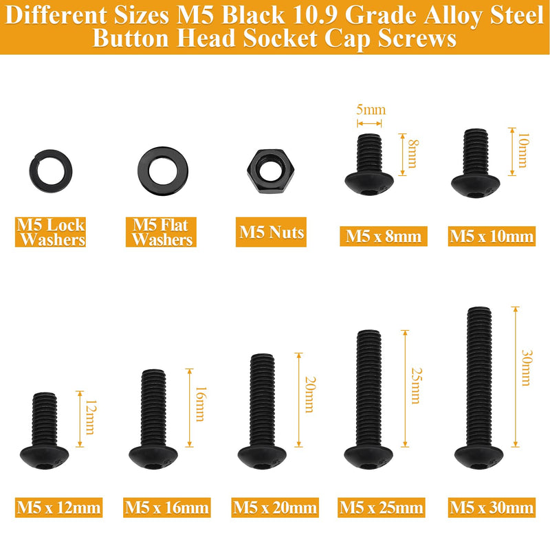 242 Pieces M5 Screws Nuts Washers Set Black, Sutemribor M5 x 8/10/12/16/20/25/30mm Button Head Socket Cap Screws Nuts Washers Assortment Kit, 10.9 Grade Alloy Steel, Fully Threaded M5 Screws Kit