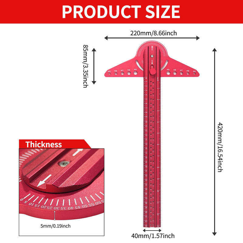 13" Woodworking Scriber Marking Line Ruler with Angle Finder, Adjustable Aluminum Alloy Sliding T-Square Ruler(Red) Red