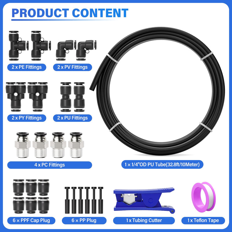 TAILONZ PNEUMATIC Black 1/4 Inch OD 10 Meter 32.8ft PU Polyurethane Air Tubing Kit Pipe Hose Air Line Tubing Air Hose Fittings Push to Connect Fittings(27PCS) 1/4" OD
