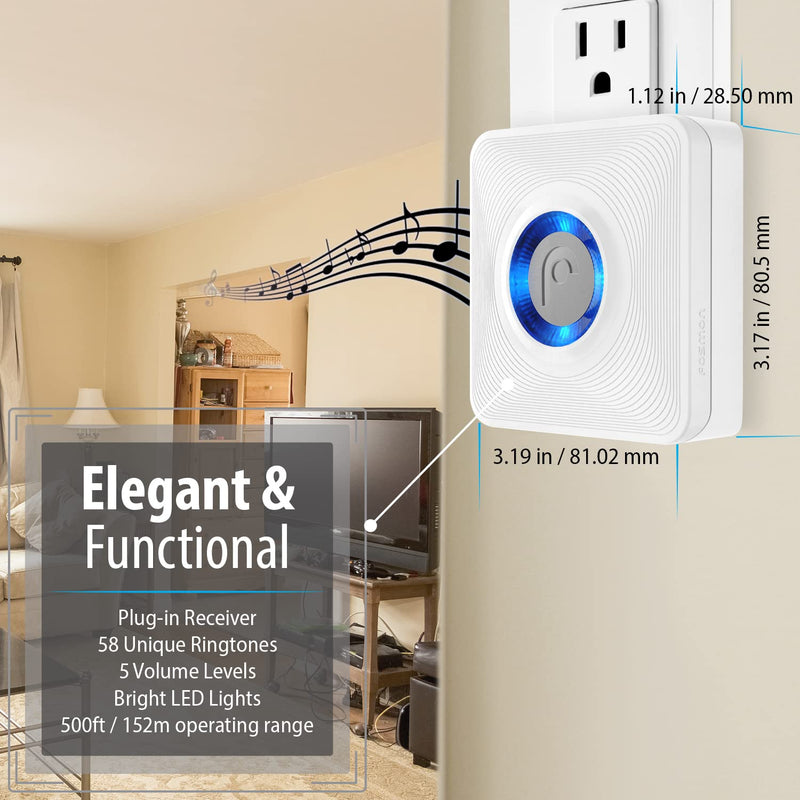 Fosmon WaveLink Wireless Door Chime with 500 Feet Range, 58 Tunes, 5 Volume Levels & LED Indicators for Home/Business/Office (1 Receiver + 1 Sensor) 1 Receiver + 1 Door Sensor Transmitter