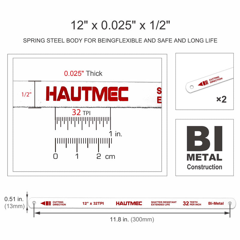 HAUTMEC 12" Hacksaw Blades Replacement Bi-Metal(10 Pack) 32 TPI High Speed Steel Grounded Teeth HT0018-CT 12"x32TPI 10