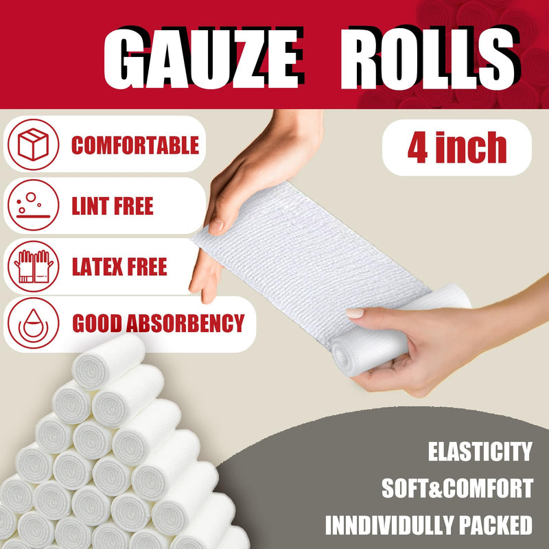 32 Pack Gauze Rolls Bandages 4 ” x 4.1 yd Premium Quality Lint and Latex-Free Conforming Stretch Bandages Designed for Effective Wound Care for Wound Dressing Support (Individually Packed) Pack of 32