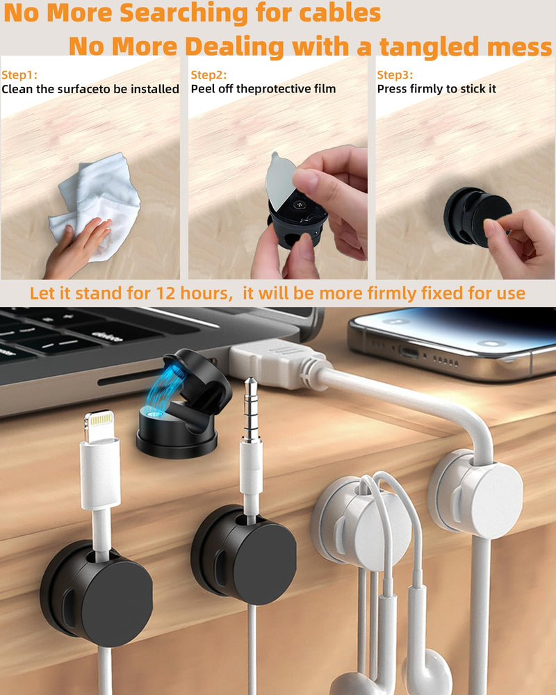 6 Pack Magnetic Cable Organizer, 360° Adjustable Cord Holder, No-Residue Nano Acrylic Adhesive Cord Clips Charger Cable Management for Office Home Desk Phone Car Wall Desktop Nightstand(Black) Black