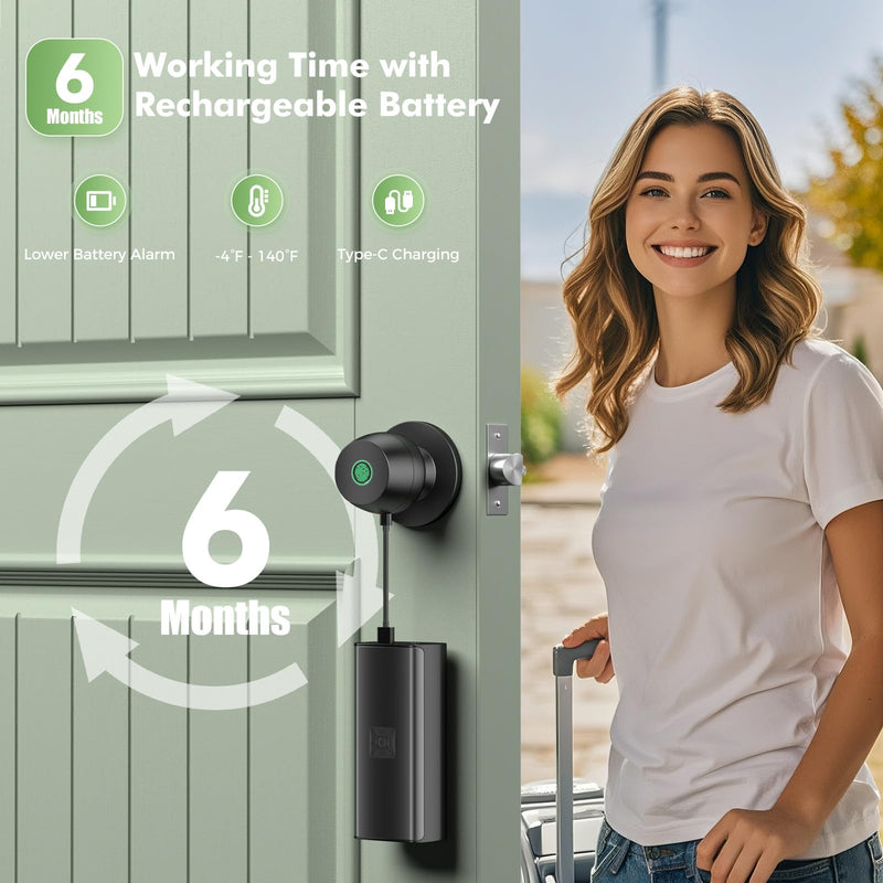Fingerprint Door knob, Smart Door knob, Intelligent biometric Fingerprint Door Lock, keyless Entry, controllable via app, Suitable for bedrooms, Storage Rooms, Apartments, Offices, Hotels (Black) Black