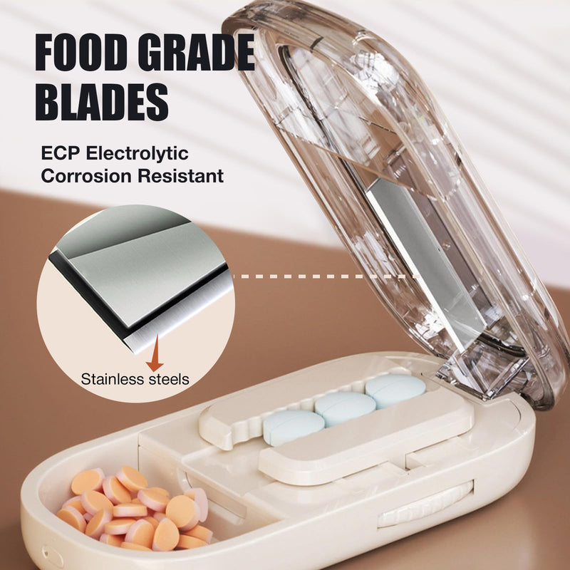 Portable Pill Cutter with Adjustable Slots – Multi Pill Splitter for Small & Large Tablets, Stainless Steel Blade, Clear Cut, Non-Slip Design, Easy to Use for Weekly Medication(Beige, 1/2) Beige