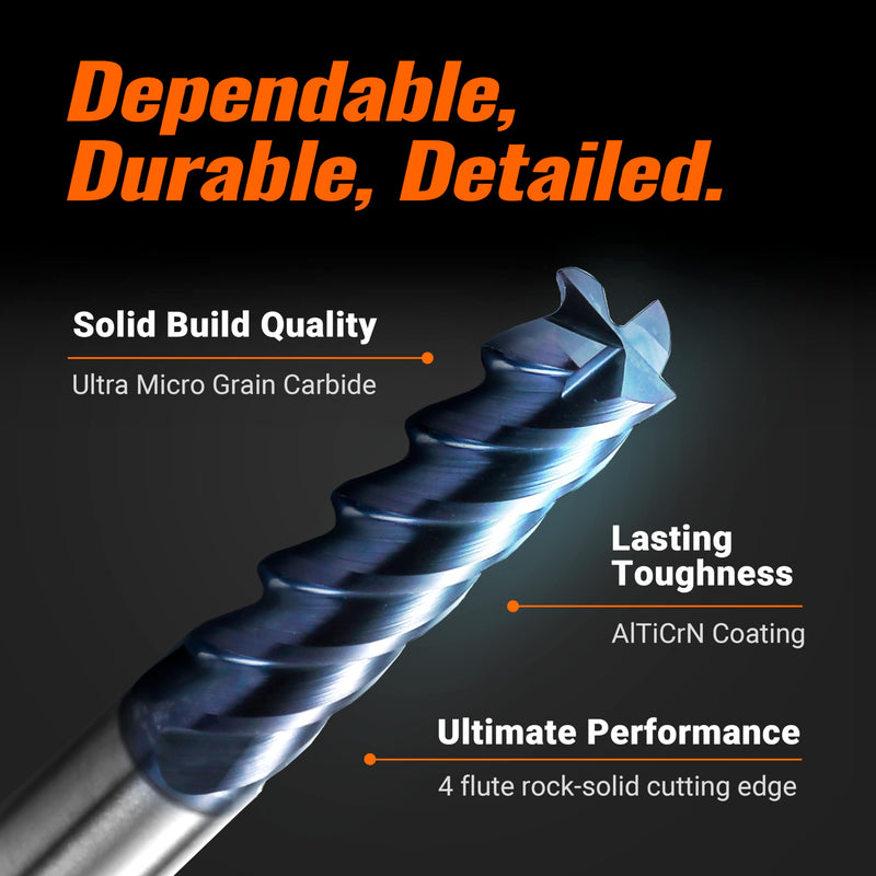 ACCUCUT I4KES 3/16” Carbide Square End Mill - 4 Flute Milling Bit for Steel, Forge Steel, Hardened Steel, Copper, Alloys & Materials < HRC 50-45 Degree Helix, AlTiN Coating CNC Router Bit 3/16 in 1