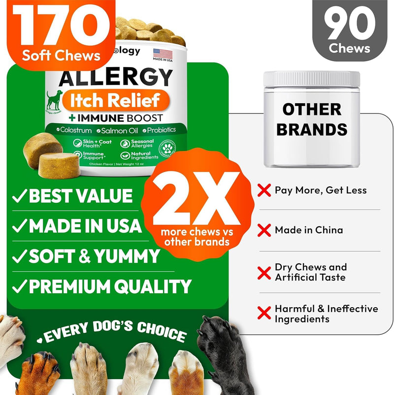 Allergy Soft Chews for Dogs – Daily Wellness Supplement – Supports Healthy Skin & Coat – Vet Formulated – Made in USA
